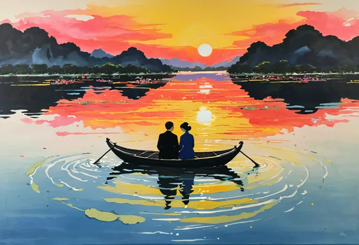 Creating a symmetrical, Wu Guanzhong inspired painting of a beloved couple, found in deep intimacy, reflected in the still waters between them as the sun sets.