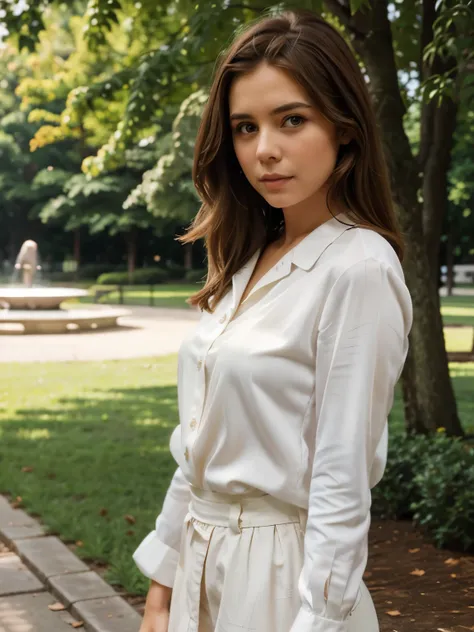 girl with brown hair, in a white silk blouse, with a summer park in the background