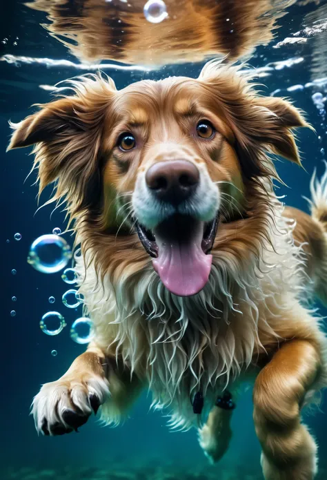 Swimming long hairy dog, underwater, diving, bubbles, high quality,  depth of field, ultra detailed photo