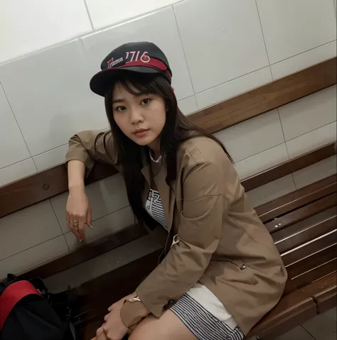 there is a woman sitting on a bench with a hat on, dang my linh, in a subway, at a mall, in a mall, nivanh chanthara, picture, , old picture, wenfei ye, photo ( far _ shot ), with hat, pretty girl, in church, li zixin, asian girl, beautiful girl