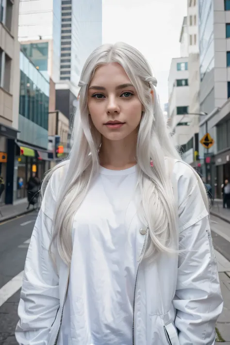 arafed girl with long white hair and blue eyes standing in a city, girl with white hair, girl silver hair, perfect white haired girl, soft portrait shot 8 k, silver hair girl, color photograph portrait 4k, with long white hair, with white long hair, hyperr...