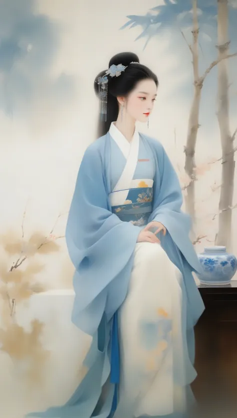 Wu Guanzhong，（中国春秋时期的美女Xi Tzu正在riverside浣纱：0.13），（whole body），（Blue and white clothing），Xi Tzu，long hair，Her figure is slim and graceful，Especially the waist is slender and soft，It gives a gentle and gentle feeling，Skin as white as snow，Exquisite facial fe...