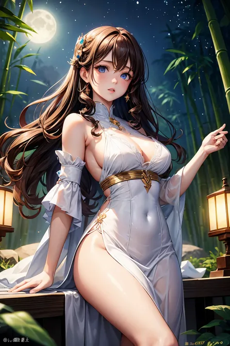 1 female、brown hair、curly hair、blue eyes、dense lips、white dress、valley、beautiful breasts、night、full moon、star、Inside the bamboo thicket、masterpiece、ultra high resolution、perfect lighting、16K