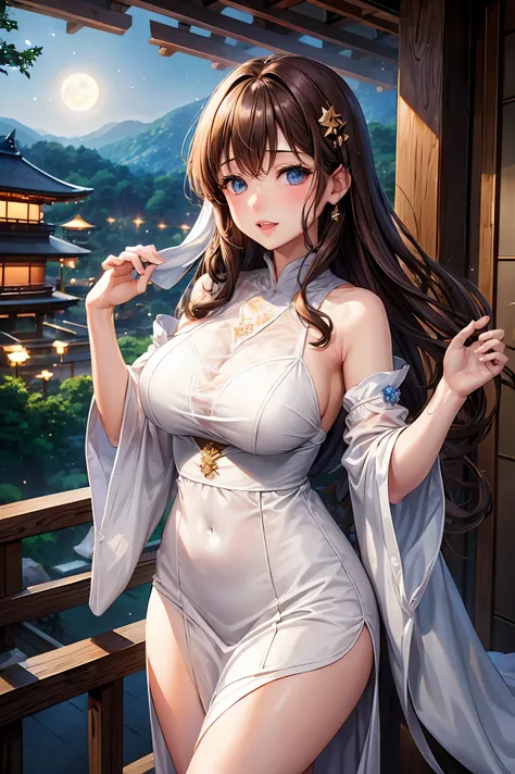 1 female、brown hair、curly hair、blue eyes、dense lips、white dress、valley、beautiful breasts、night、full moon、star、Kyoto cityscape、Arashiyama、Inside the bamboo thicket、masterpiece、ultra high resolution、perfect lighting、16K