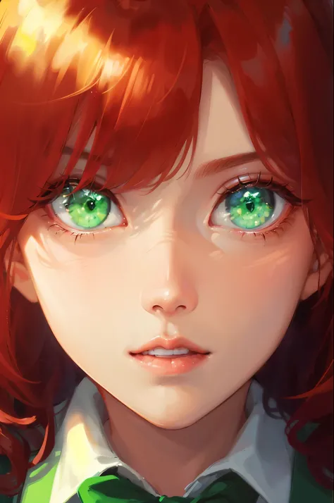 best quality, face focus, soft light, ultra high res 1girl, solo, cute, (green eye), (pupil, lights in the eyes), detailed beautiful face, (high resolution detail), medium hair, red hair, ((Wearing school uniform)).