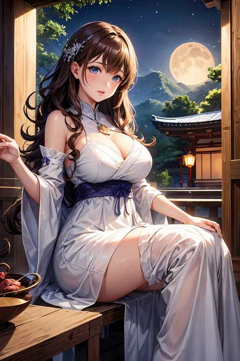 1 female、brown hair、curly hair、blue eyes、dense lips、white dress、valley、beautiful breasts、night、full moon、star、Kyoto cityscape、Arashiyama、Inside the bamboo thicket、masterpiece、ultra high resolution、perfect lighting、16K