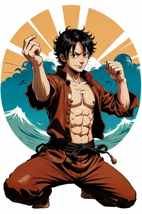 One Piece illustration with fishman character with curly hair and martial art outfit