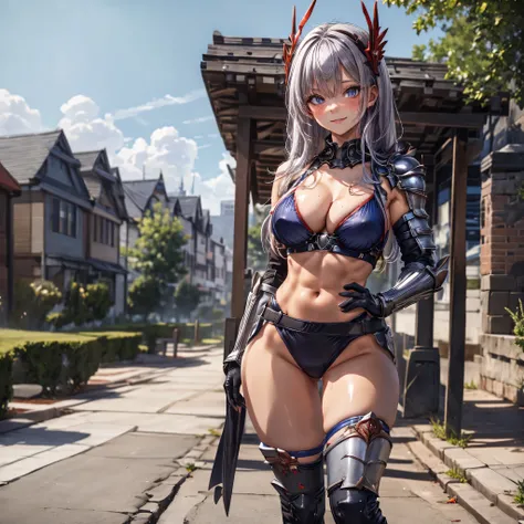 (masterpiece:1.2), (best quality:1.2), perfect eyes, perfect face, volumetric lighting, 1girl, mature female, hand on hip, flexing biceps, long hair, purple hair, seductive smile, blush, sweat, bikini armor, soldier, winged helmet, red armor, abs, toned, w...