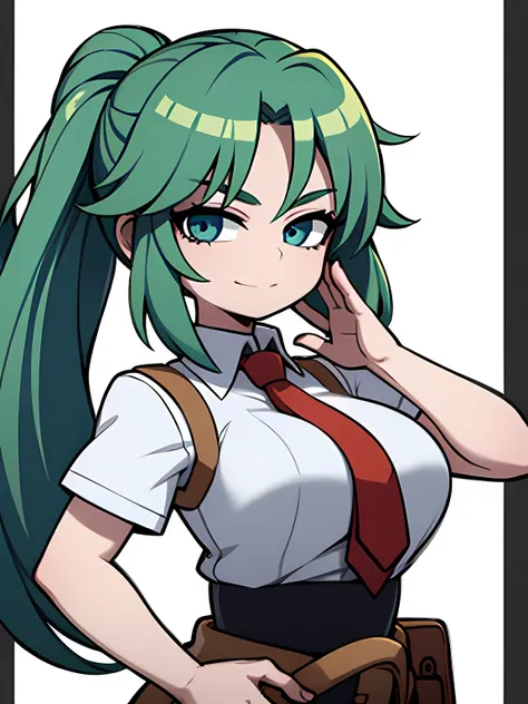 1 girl,One,Upper body,I look at the viewer,facing the viewer,Sonozaki Mion,long hair,green hair,High ponytail,split bangs,Blue eyes,yellow T-shirt,clothes around the waist,Jeans