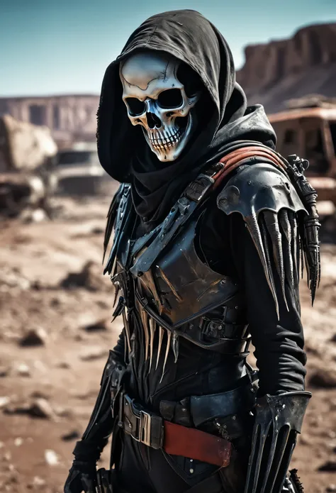 (Realistic:1.4), analog photo style, depth of  field,  mid-shot, Vivid colors, fragile, vulnerable, female reaper, sad, worried expression, looking away, from above, down to ground, professional photoset in post-apocalyptic style, insanely detailed, intric...