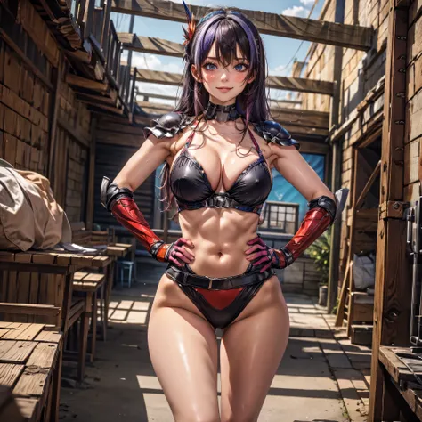 (masterpiece:1.2), (best quality:1.2), perfect eyes, perfect face, volumetric lighting, 1girl, mature female, hand on hip, flexing biceps, long hair, purple hair, seductive smile, blush, sweat, bikini armor, soldier, winged helmet, red armor, abs, toned, w...