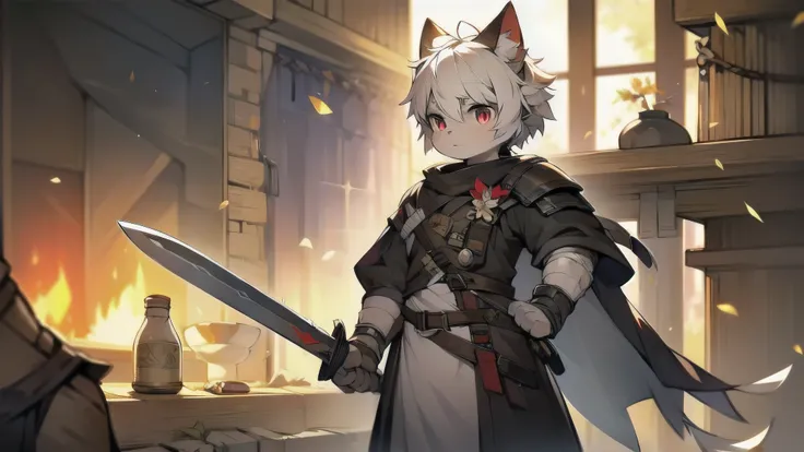 Male cats，gray hair，red pupils，white hair，Mature boy，medieval armor suit，hairy，war，Handsome，masterpiece，soft lines，wind element，the only person，full body portrait，Arknights style，long knife