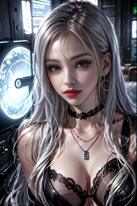  office floor girl v6,necklace, earrings, full body v6, long gray hair, translucent black lace micro underwear, appear, that&#39;wonderful, ultra high resolution, RAW photo, realism: 1.25), (bright lip gloss, long eyelashes, smooth face, white skin, natura...