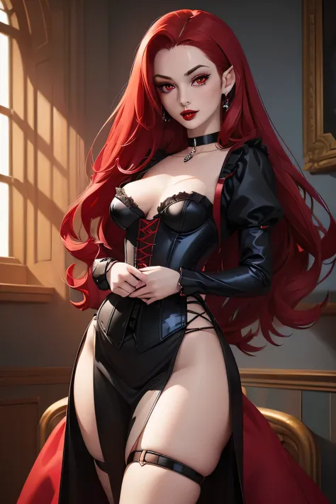 ((Masterpiece)) ((Portrait)) ((Young Woman)) ((Beautiful)) ((Small Breasts)) ((Thick Thighs)) ((Crimson Hair)) ((Long Hair)) ((Red Eyes)) ((Pale Skin)) ((Black Corset Dress)) ((Choker)) ((Red Lipstick)) ((Full lips)) ((Button Nose)) ((Vampire Woman))