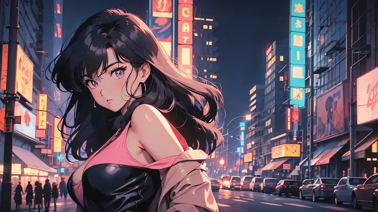 1girl,cityscape,retro artstyle,cyberpunk,night,city lights,lamppost,1980s,sci-fi,best quality:1.2,highres,ultra-detailed,realistic:1.37,vivid colors,sharp focus,physically-based rendering,longeyelashes This is a high quality picture、Super detailed、realisti...