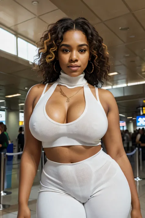 (masterpiece, best quality), beautiful woman, ((detailed white sleeveless turtleneck top)), pants, 25-year-old African American woman with brown skin, perfect body, necklace, ((voluptuous curvacious perfect body)), nipple imprint, bright lightning,
 Brazil...