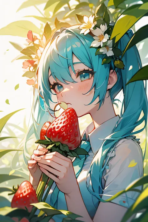 Miku mange des fleurs, she is surrounded by lush strawberry flowers