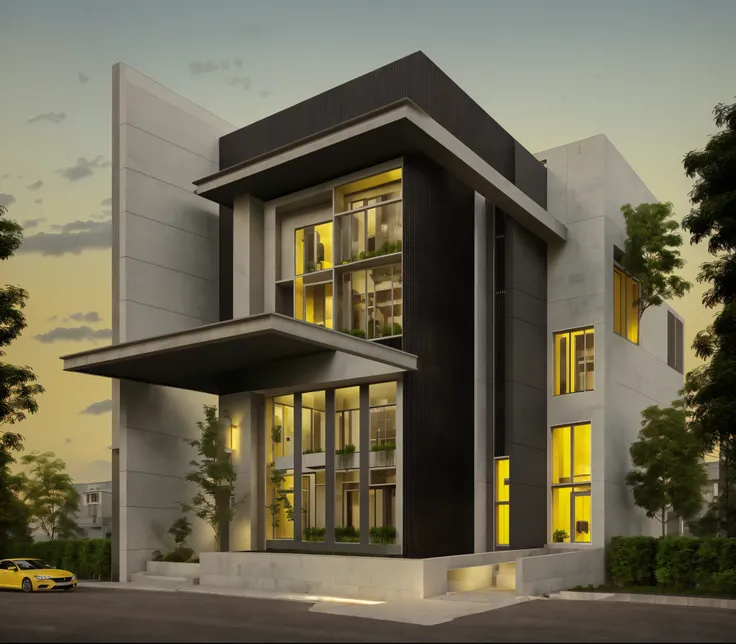 Realistic image, modern architectural house with trees, light-colored walls, black glass doors, yellow lights, and a car.