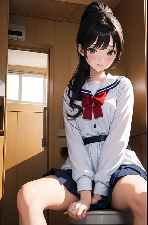 (8k, highest qualそれy, masterpiece:1.2), (realistic, photo-realistic:1.37), Super detailed,highest qualそれy, ultra high resolution, professional lighting, photon mapping, The location is a private toilet room、black hair、ponytail、embarrassing、Respect、pollutio...