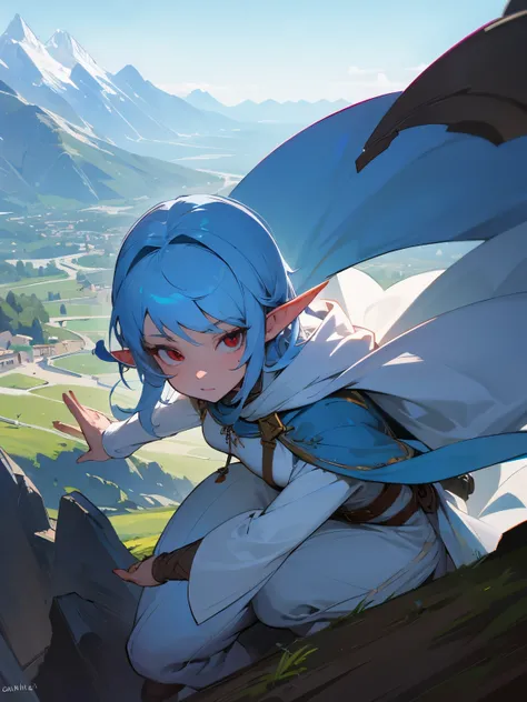 1girl, light blue hair, red eyes, (elf), (cute face), beautiful, hood, (detailed face), full body, medieval, mountains background