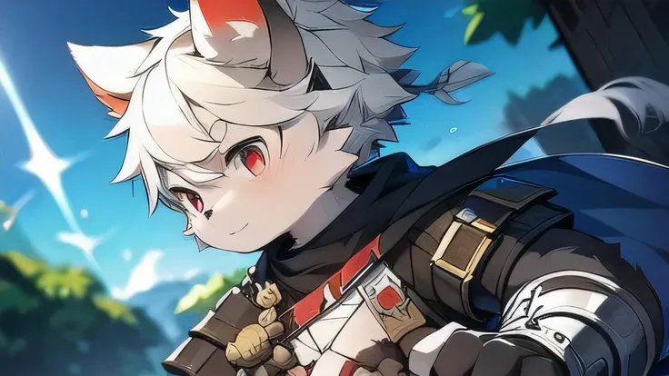 male cat，white hair，red pupils，white hair，Mature boy，medieval armor set，hairy，war，Handsome，masterpiece，soft lines，wind element，the only person，full body portrait，Arknights style，Hands are very thin，long knife，Combat stance，ice element