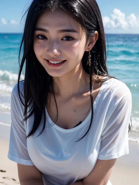 highest quality, (((Close-up､bust)))、(((big breasts、Ｇcup)))、beautiful japanese girl,long hair、black hair、 Ocean, sandy beach, deserted island, (((WhiteｖneckＴshirt、wet))), smile with a sexual expression,