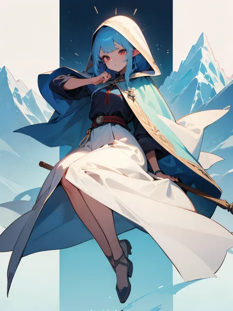 1girl, light blue hair, red eyes, (elf), (cute face), beautiful, hood, (detailed face), full body, medieval, mountains background, hand apropiate