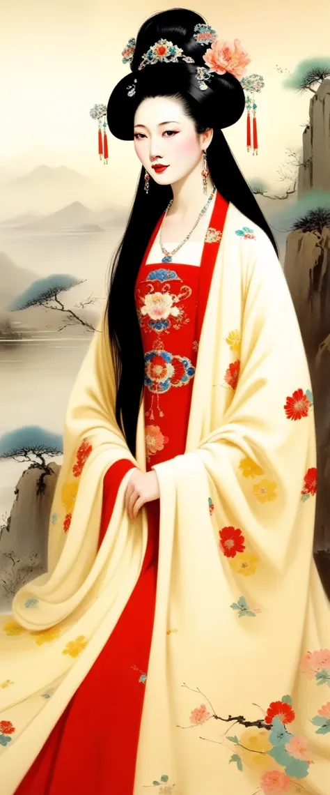 wu guanzhong，beauty queen zhaojun of han dynasty, china，portrait，winter hooded cloak，ermine，chinese lute，