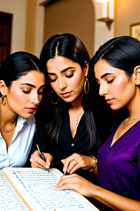 Three women, each representing a distinct race, convene in deep concentration around a grand, antique Hebrew Torah scroll. Their radiant faces, etched with lines of wisdom and determination, are illuminated by the soft, golden hues of the intricately desig...