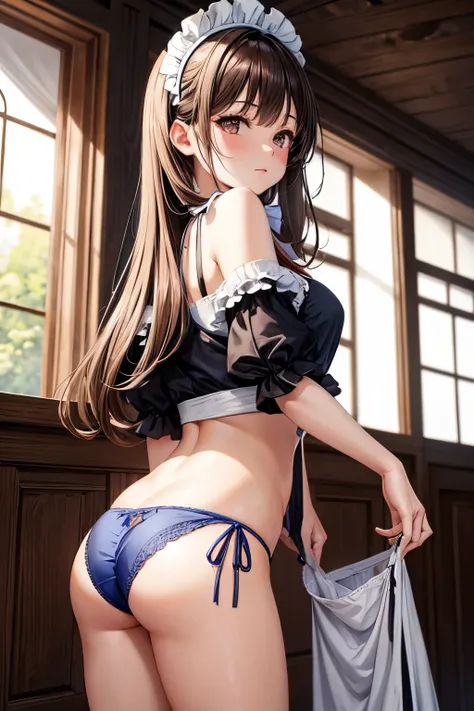 the woman is maid clothing and under ware, 1girl, solo, underwear, blue panties, brown hair, side-tie panties, brown eyes, ass, maid, long hair, looking back