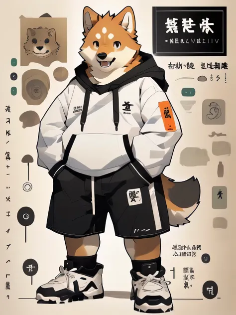 ((hairy，hairy的艺术，best quality，whole body，Detailed drawing of eyes，facial detail，Eye pupil details，Mouth details，obesity，obesity的身体)) (1 male，alone，Japanese anime style，personification)， (Shiba Inu Orcs，Orange hair，purple eyes，深绿色Hoodies中间有一个带绿叶的桔子图案，sports...