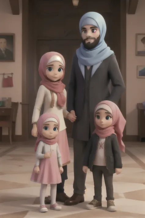 Woman wearing hijab, a man with beard, three daughters, 