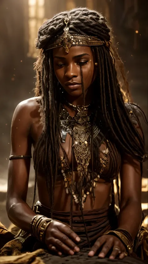 a close up of a woman with dreadlocks and a necklace, cinematic goddess shot, cinematic goddess body shot, cinematic goddess close shot, beautiful futuristic himba woman, dark skin female goddess of love, futuristic himba young woman, futuristic himba teen...