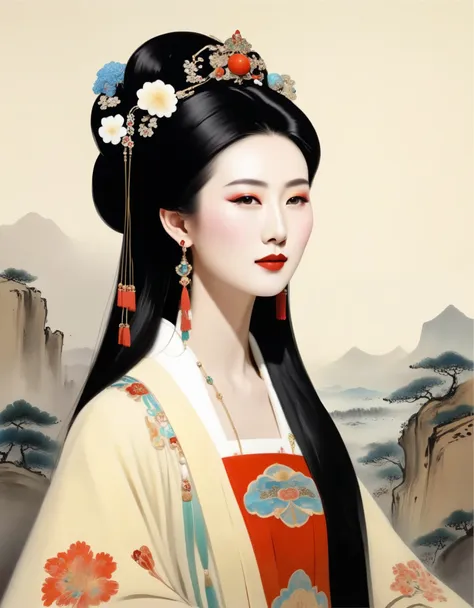 Wu Guanzhong，Beauty Queen Zhaojun of Han Dynasty, China，portrait，winter hooded cloak，ermine，Chinese lute，Wu Guanzhong的风格是将中国传统的水墨画技术与西方的理念相结合的艺术风格，Features a modern perspective on traditional themes，Create unique visual effects through color and line。