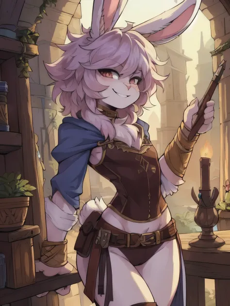 Best quality, Super detailed illustration, (fluffy bunny boy:1.4), feminine face and body, disheveled thick hair, Adventurer Equipment, assassin, smug smile, Half-closed eyes, Femboy, small waist, wide hips, Slim, Perfect body, DND style