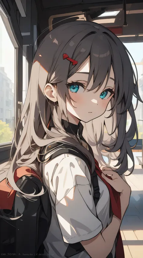 art by Cornflower, dready (A  girl with beautiful detailed eyes, long hair, grey hair, aqua eyes). (Young girl , cute girl). White T - shirt. black hair Clip.The depth of field in the photo is perfect and the lens flare adds a nice touch. The fine details ...