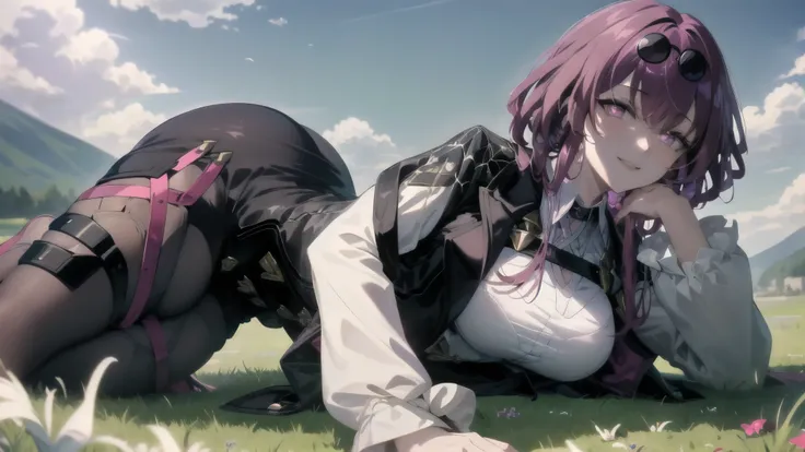 masterpiece, best quality, 1girl, kafka, purple hair, long hair, bangs, purple eyes, eyewear on head, white shirt, jacket on shoulders, pantyhose, full body, smile, looking at viewer, solo, grass, blue sky, meadow background 