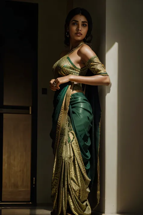 woman in a black dress exploring space, dressed in a sari, candid shot, wearing an elegant tribal outfit, close body shot, sari, wearing intricate, candid picture, traditional beauty, close portrait, bottom angle, extremely intricate, wearing elaborate gre...