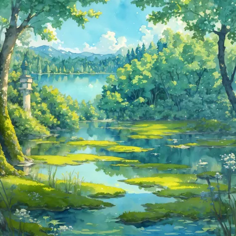 top quality, best quality, High-quality illustrations, masterpiece, super high resolution, detailed background, absurdres, perfect anatomy(1girl, solo, kemono)(furry anthro)happy, Serene lake in Temporal Watercolor style, with sky blue and moss green water...