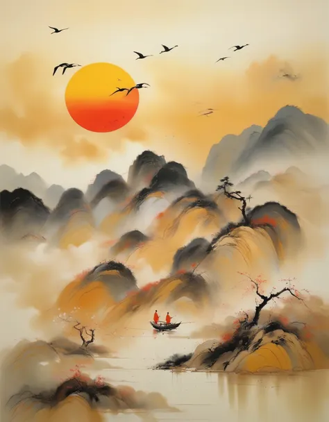 wu guanzhong's work, (desert sunset with big geese), wu guanzhong's style is an artistic style that combines traditional chinese...