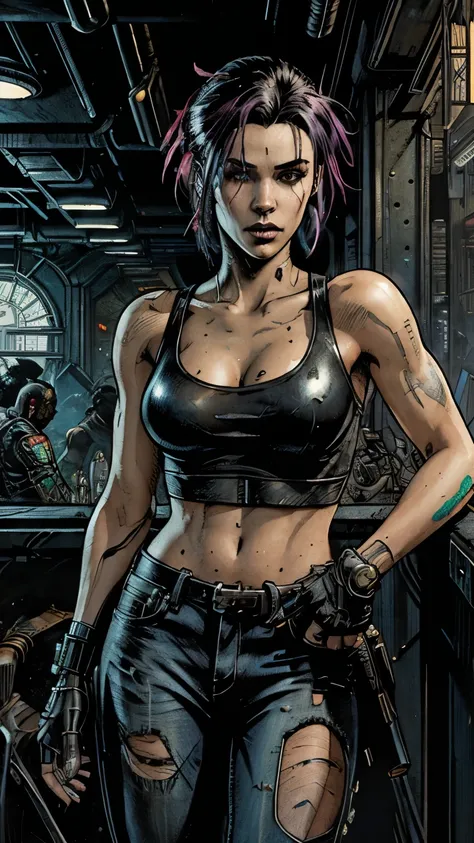 Cyberpunk 2020, Cyberpunk, young Rogue Amendiares from Cyberpunk, Perfect Face, Perfect body, tank top, jeans, punk hairstyle, dark makeup, the legend ,Afterlife bar Interior, INK, Splash Art, Sharp Focus, Smoke, Sparks, Painting Concept ART of Detailed Ch...