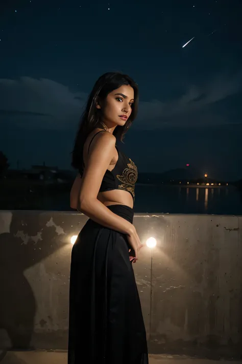 woman in a black dress exploring space, dressed in a sari, candid shot, wearing an elegant tribal outfit, close body shot, sari, wearing intricate, candid picture, close portrait, bottom angle, extremely intricate, full of details, desi,night sky