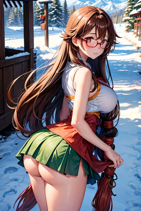 High resolution, high quality, 1 girl, anime girl, brown long hair, brown eyes,heart-shaped pupil, Green glasses, tanned skin, big breasts,beautiful breasts, (big ass),beautiful butt,Miko,red mini skirt,Are standing,At the shrine,snow Road,