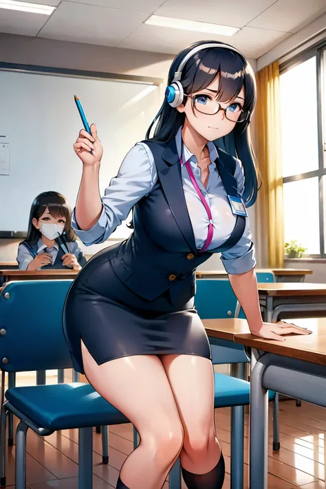 best quality,4k,8k,highres,masterpiece:1.2,ultra-detailed,realistic:1.37,profesora in a classroom,full classroom of students,tra...