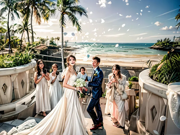 bride and bridegroom walking down stairs with guests at beach wedding style, luxurious wedding style, cute:2, wedding style photo, wedding style, Jen Gee, f / 1, advertisement, advertisement image, family, Lifestyle, fujifilm」, Spectacular!, background, br...