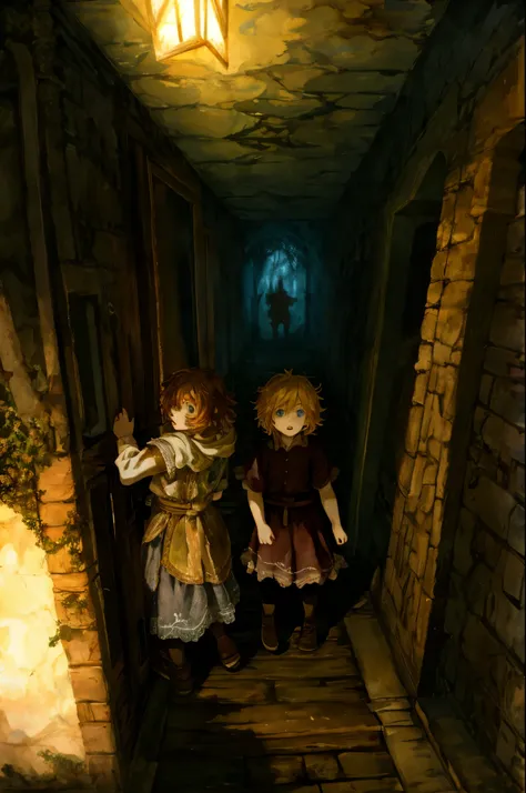 cover page, highres, paid reward available, unparalleled masterpiece, perfect anatomy, terrifying tale, Hansel and Gretel, watercolor elements that seem to shift through time, good lighting, volumetric lighting, cinematic shadow,