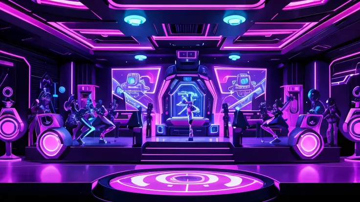 a club house with lots or robots (the jetsons style) wearing 90s dance outfit dancing, with a robot dj playing music in the background, cell shading, 8k