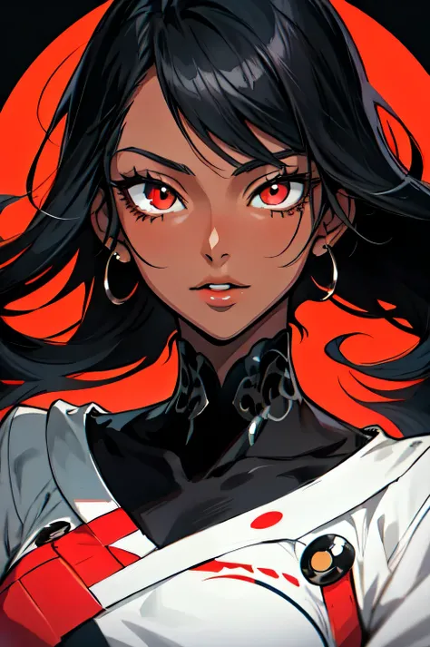 Anime Style Portrait of a sexy, dark-skin girl, with long Jet-black Hair, red eyes, dark-skinned, perfect composition, hyper-detailed, 8K, high quality, perfect eyes, trending art, trending on artstation, sharp focus, studio photo, intricate details, by Ti...