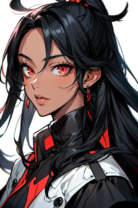 Anime Style Portrait of a sexy, dark-skin girl, with long Jet-black Hair, red eyes, dark-skinned, perfect composition, hyper-detailed, 8K, high quality, perfect eyes, trending art, trending on artstation, sharp focus, studio photo, intricate details, by Ti...