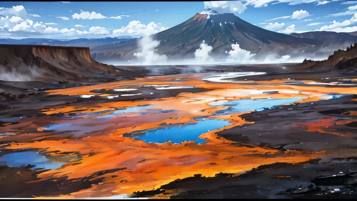 volcanic landscape, acid water pools, Parque Yellowstone, Danakil Depression, arte digital, Arte estilo anime, arte digital, obra de arte.